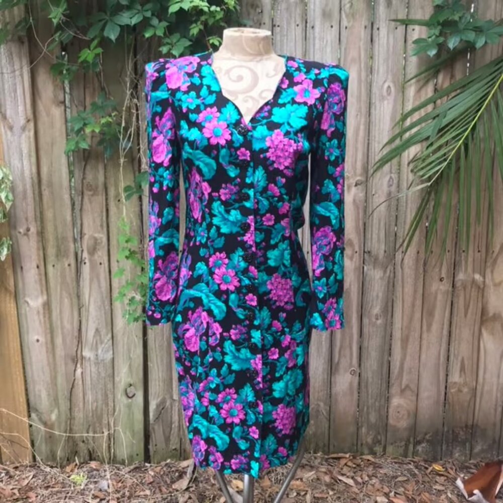 Vintage “All That Jazz” Floral Power Dress — 80s Does 40s, Small
